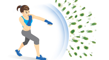 Healthy woman reflect bacteria attack with punching. Concept illustration about boost Immunity with Exercise