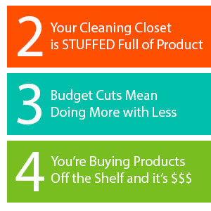 1. Your cleaning closet is filled to bursting with a ton of different products.  2. Your budget is being cut, and you’re expected to do more with less. 3. You’re buying products off the shelf to clean with, and it seems really expensive