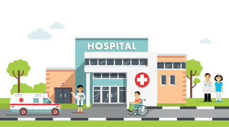 Medical concept with hospital building and doctor in flat style. Panoramic background with hospital building, doctors, nurses, disabled man in wheelchair and ambulance car in flat style.