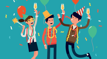 People celebrating. Cool vector flat character design on New Year or Birthday party with male and female characters having fun and having a toast