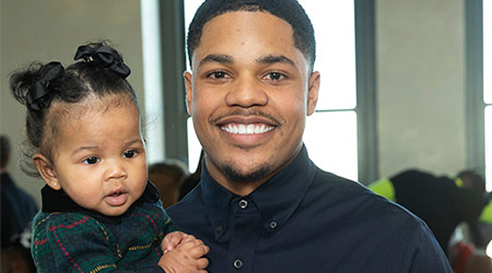 Sterling Shepard and his daughter Cali Clay Shepard attend Christian Siriano New York fashion week Fall/Winter 2019 collection at Top of the Rock Rockefeller Center