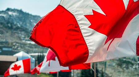 A few Canadian flags blowing in the wind