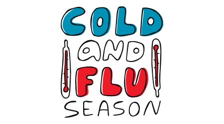 Doodle cold and flu season awareness lettering for medical warning poster with hand drawn thermometer. Cartoon text for healthcare anti virus campaign