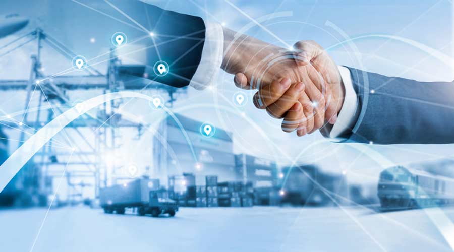 businessman handshake of business deal with logistic and transportation global network distribution on industrial container terminal, export and import.