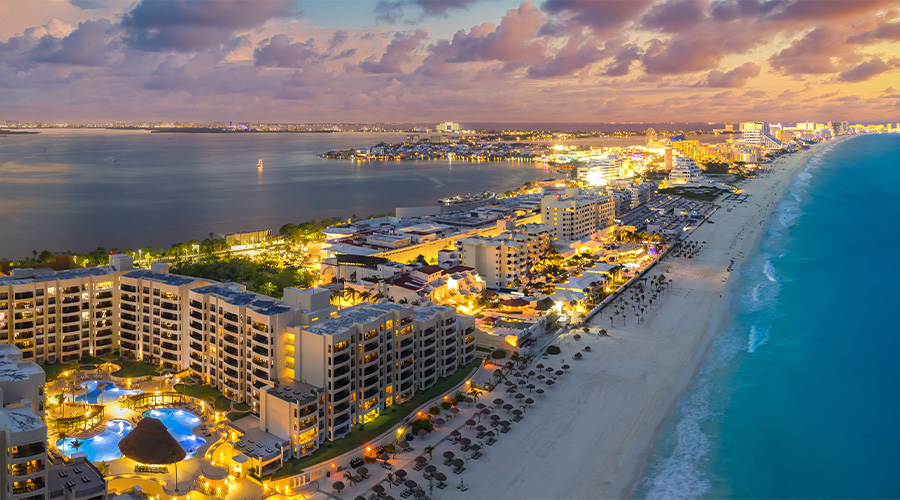 Cancun beach during brilliant sunset