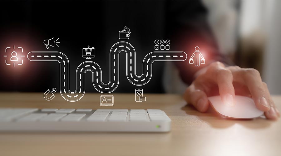 Customer journey map visualization concept. A business professional use computer with a digital customer journey map, illustrating key stages such as awareness, consumer behavior and decision-making.